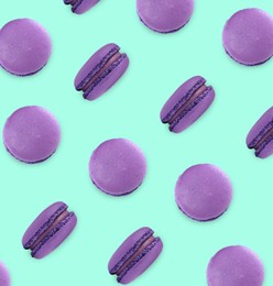 Delicious macarons on turquoise background, flat lay 