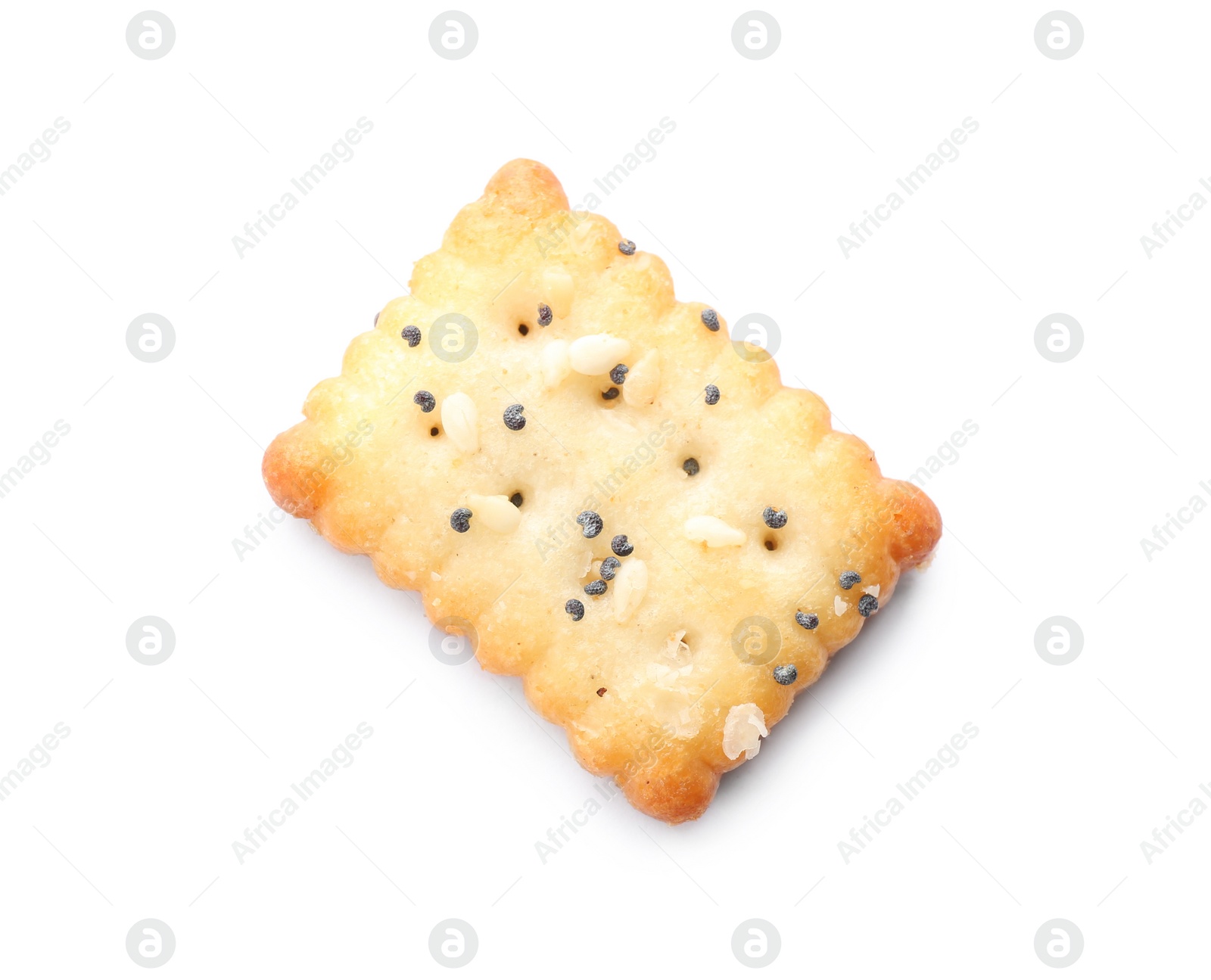 Photo of Delicious crispy cracker with poppy and sesame seeds isolated on white, top view