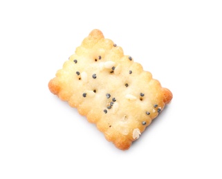 Photo of Delicious crispy cracker with poppy and sesame seeds isolated on white, top view