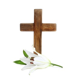 Photo of Wooden cross and blossom lily on white background