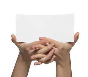 Photo of Man holding flyer on white background, closeup. Mockup for design