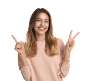 Photo of Woman showing number three with her hands on white background