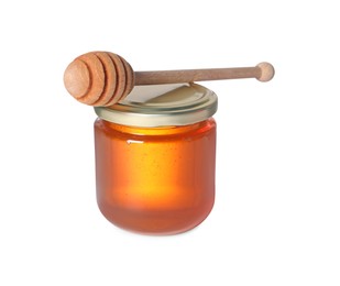 Tasty natural honey in glass jar and dipper isolated on white