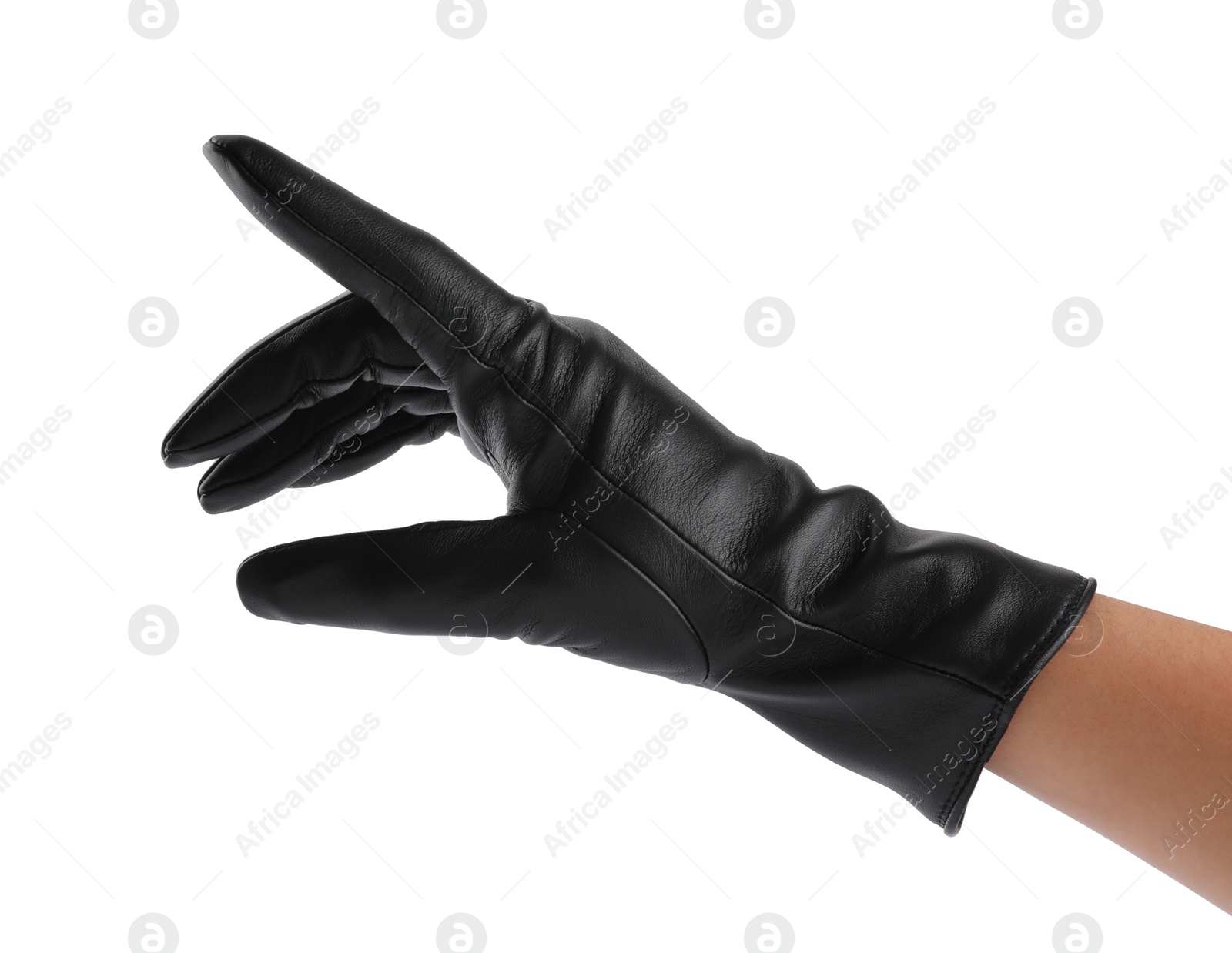 Photo of Woman wearing black leather glove on white background, closeup
