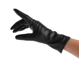 Woman wearing black leather glove on white background, closeup