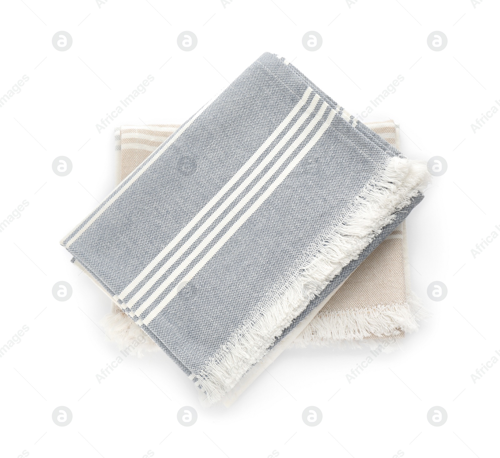 Photo of Two different kitchen towels isolated on white, top view