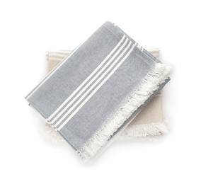 Photo of Two different kitchen towels isolated on white, top view