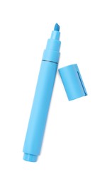 Photo of Bright light blue marker isolated on white, top view. School stationery