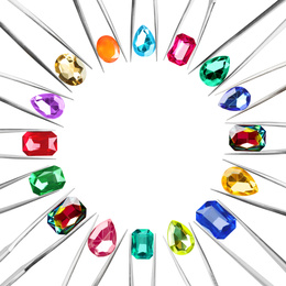 Image of Frame of tweezers with different shiny gemstones on white background
