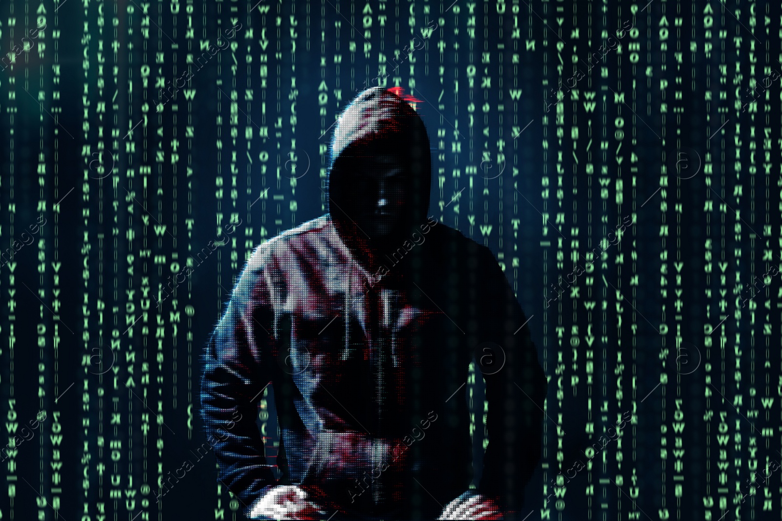 Image of Silhouette of anonymous hacker and digital binary code on dark background. Cyber attack concept