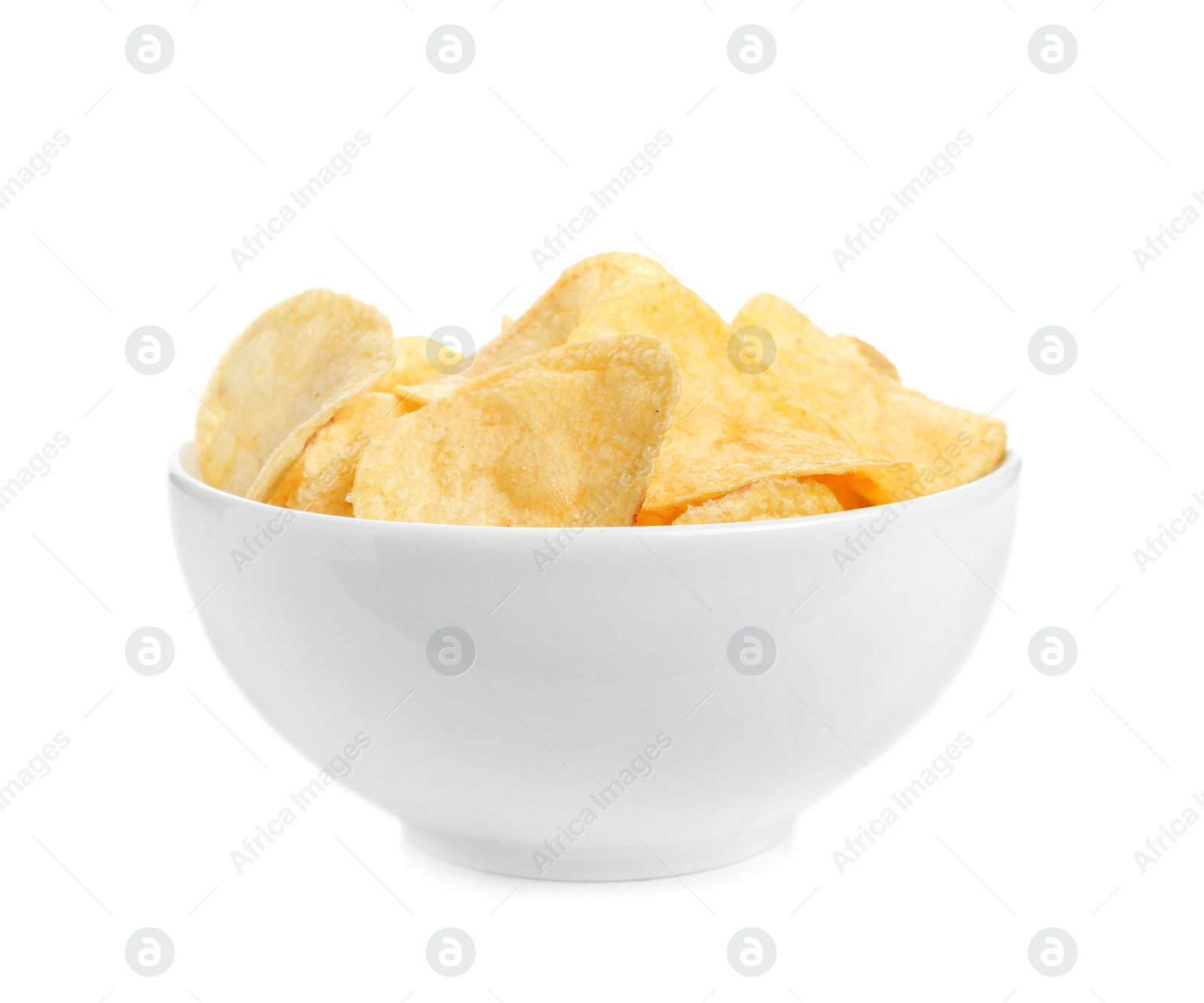 Photo of Bowl of tasty crispy potato chips on white background