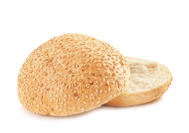 Sliced hamburger bun on white background. Bread product