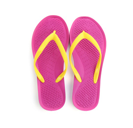 Photo of Stylish pink flip flops isolated on white, top view