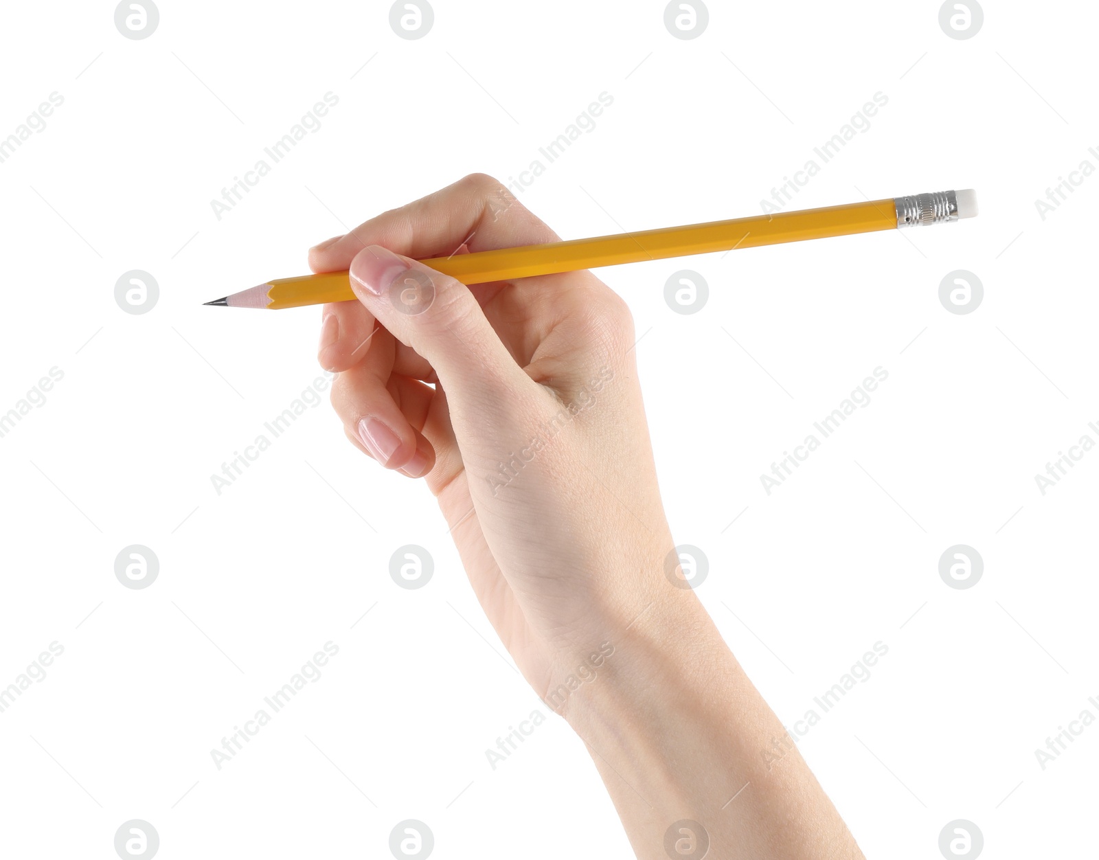 Photo of Woman with graphite pencil on white background, closeup