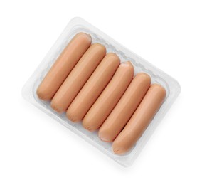 Plastic container with sausages isolated on white, top view. Meat product