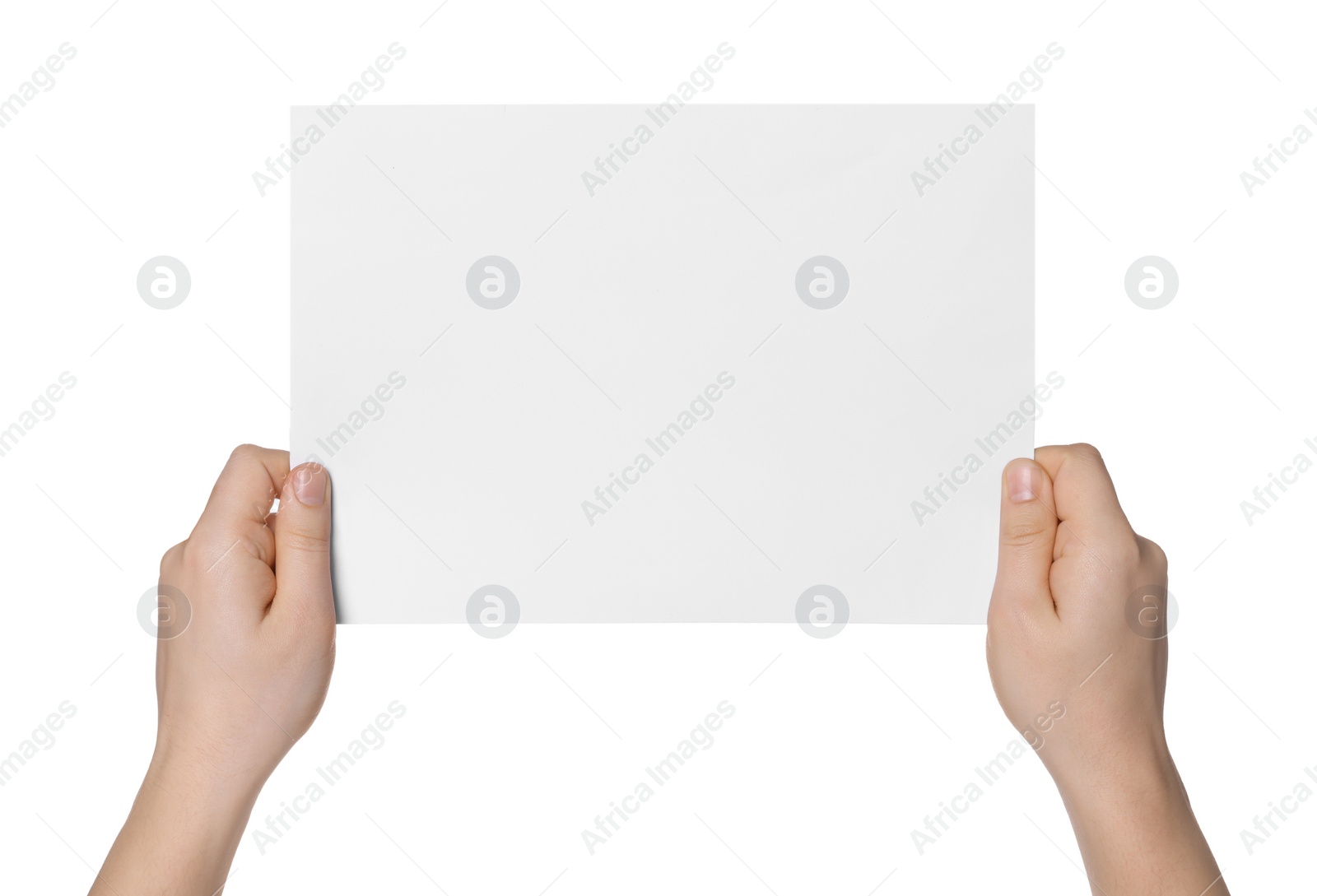 Photo of Woman holding sheet of paper on white background, closeup. Mockup for design