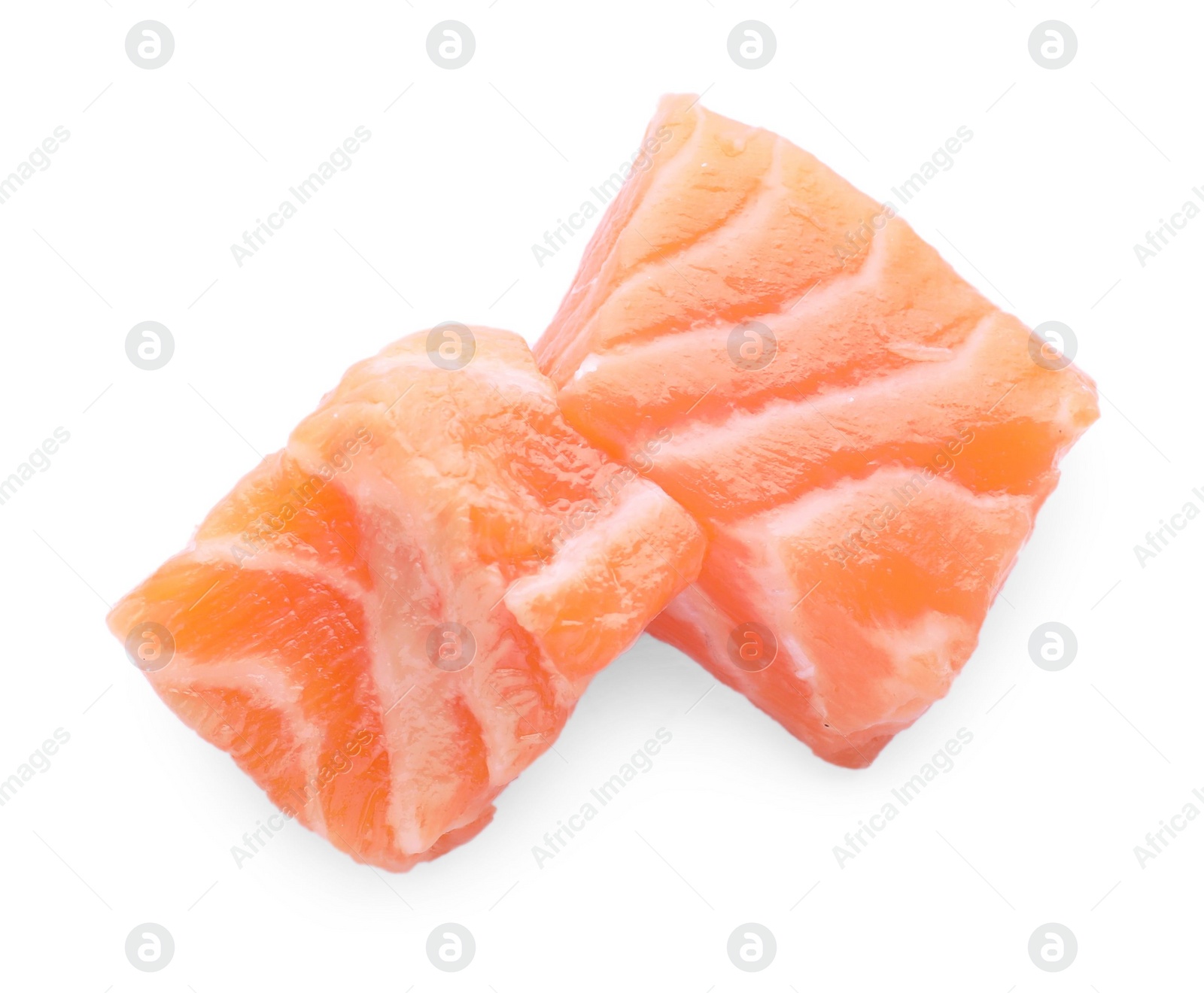 Photo of Pieces of fresh raw salmon on white background, top view