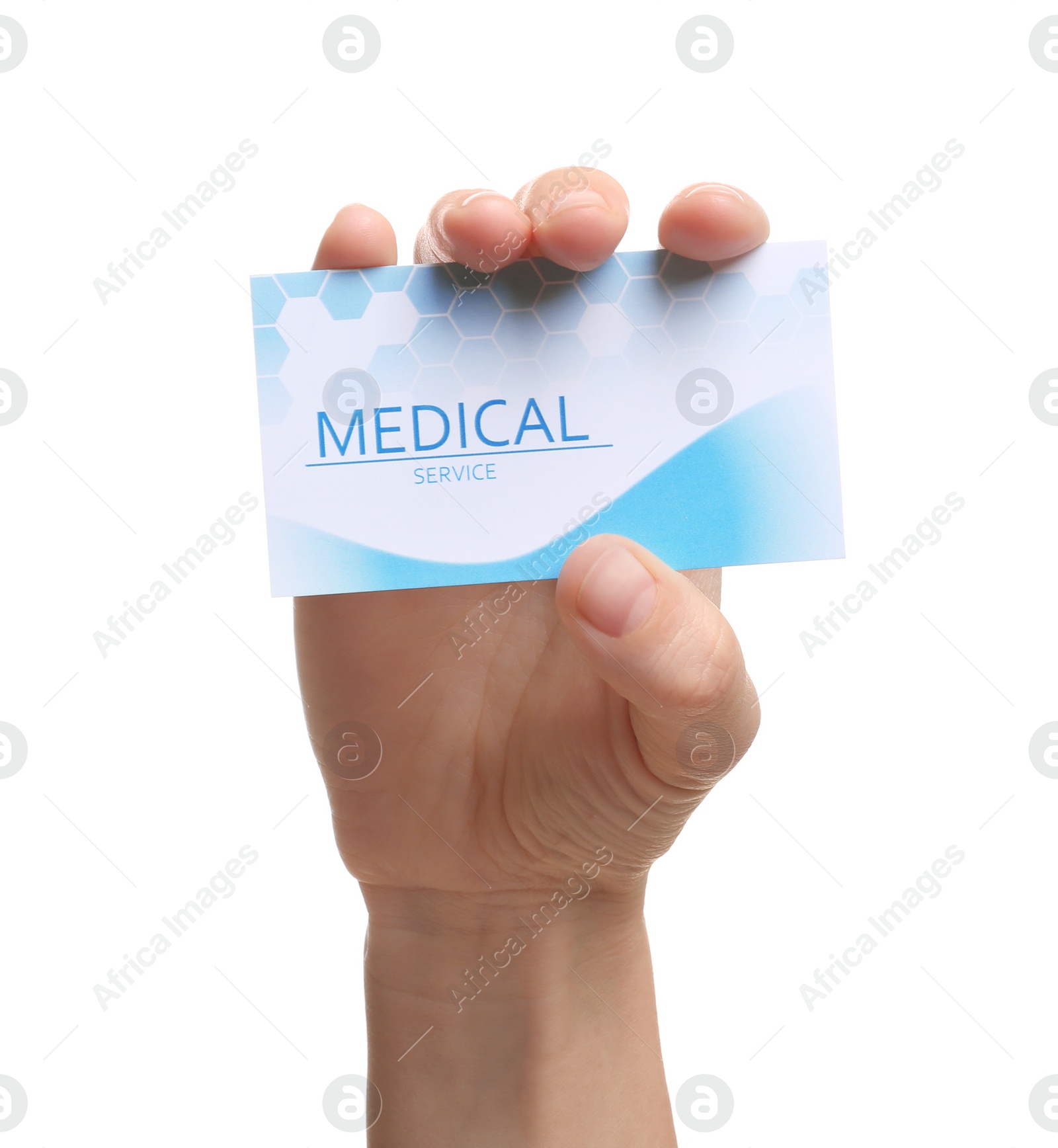 Photo of Woman holding business card isolated on white, closeup. Medical service