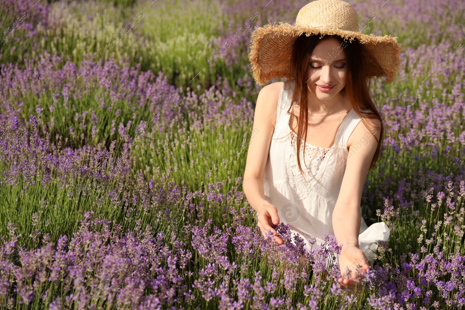 Photo of Young woman in lavender field on summer day