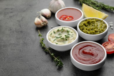 Photo of Different tasty sauces in bowls and ingredients on grey table, space for text