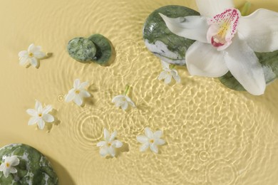 Photo of Beautiful flowers and spa stones in water on pale yellow background, top view