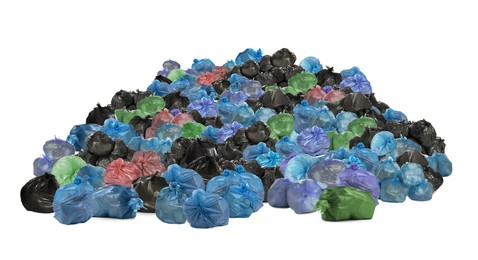 Image of Big heap of trash bags with garbage on white background