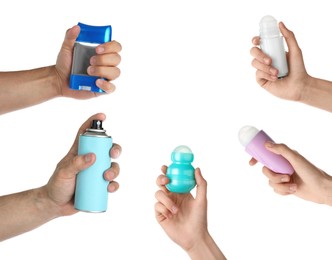 Image of Collage with people holding different deodorants on white background, closeup