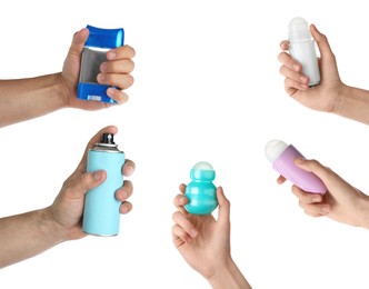 Collage with people holding different deodorants on white background, closeup