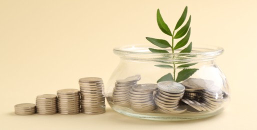 Financial savings. Coins, twig and glass jar on beige background