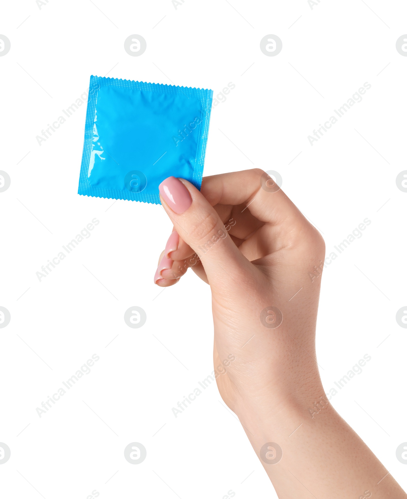 Photo of Woman holding condom on white background, closeup