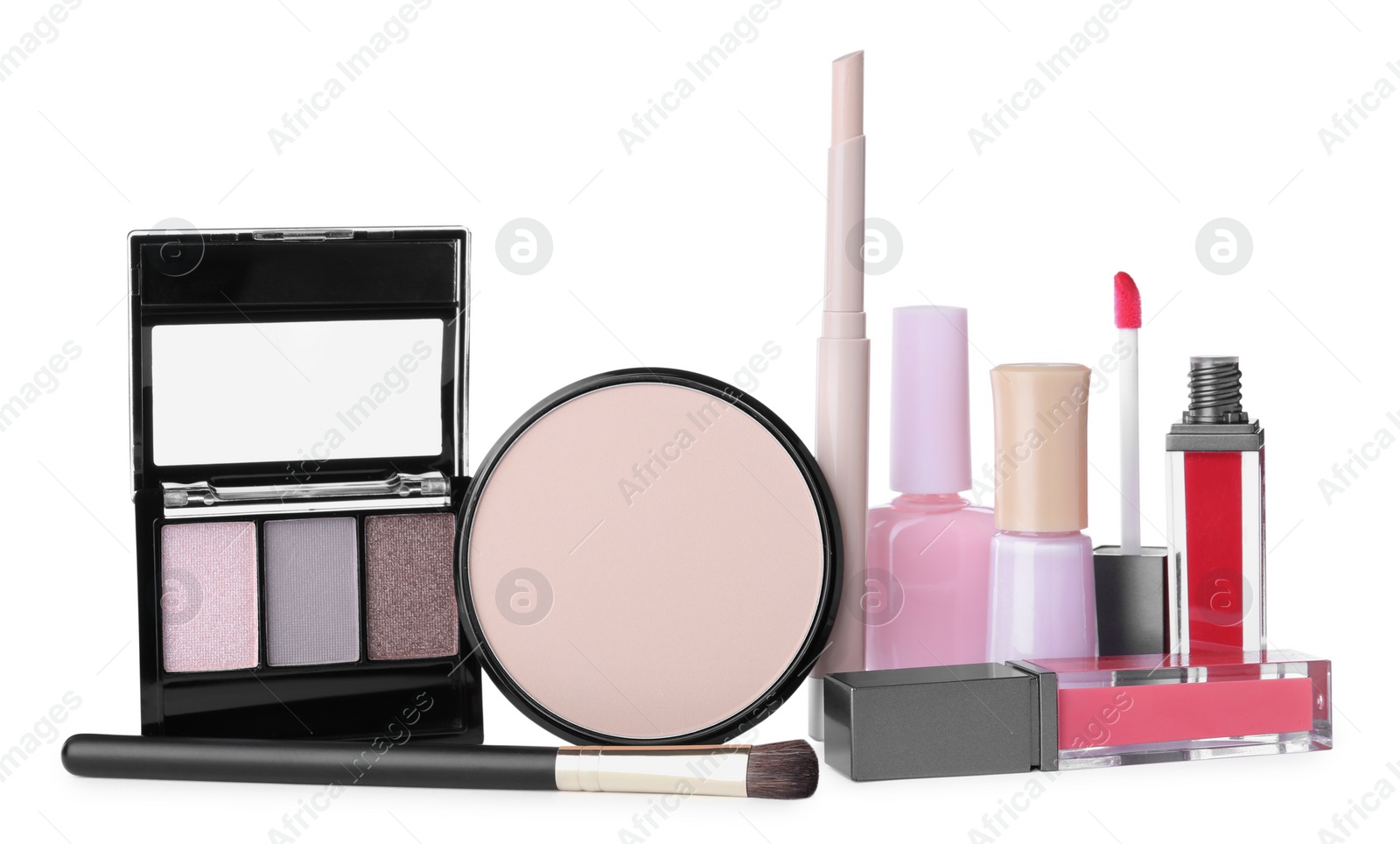 Photo of Different luxury cosmetic products on white background