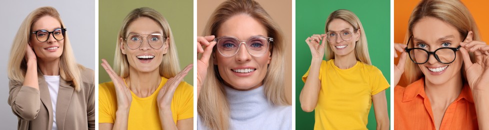 Image of Woman in glasses on different backgrounds, collection of photos