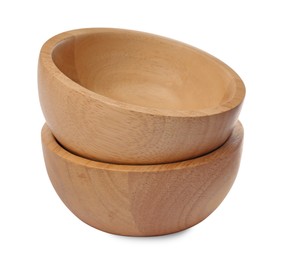 Photo of Two new wooden bowls on white background