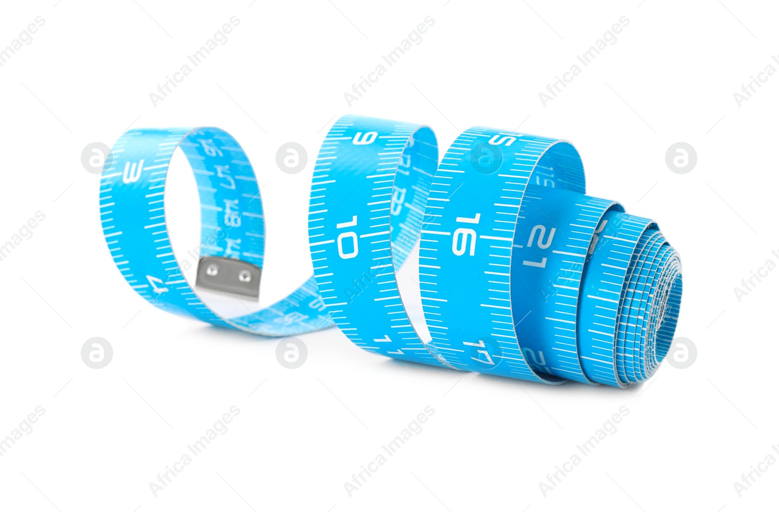 Photo of Long light blue measuring tape isolated on white