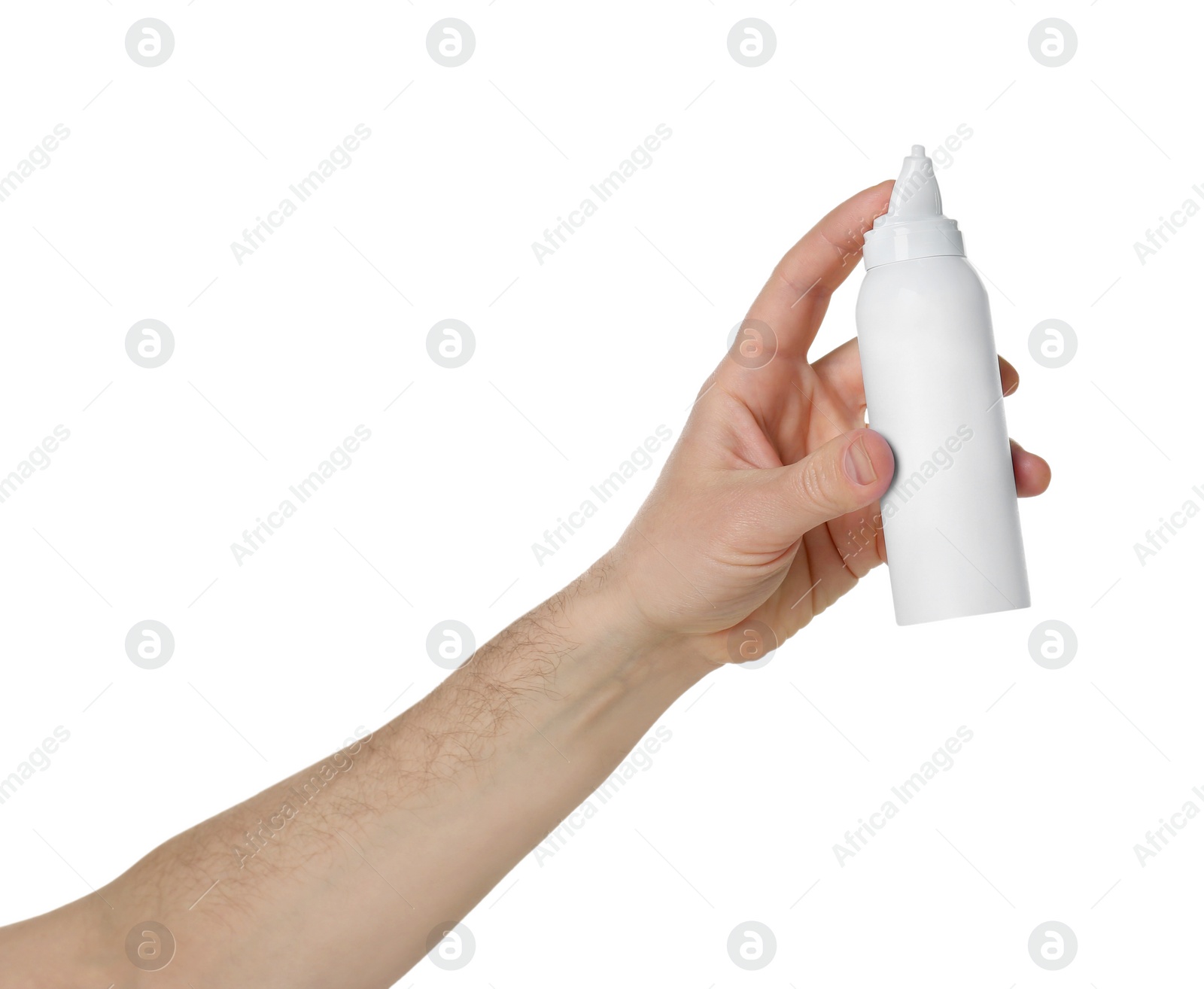 Photo of Man holding nasal spray on white background, closeup