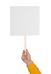 Man holding blank protest sign on white background, closeup