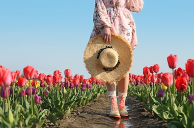 Photo of Woman in rubber boots walking across field with beautiful tulips after rain, closeup