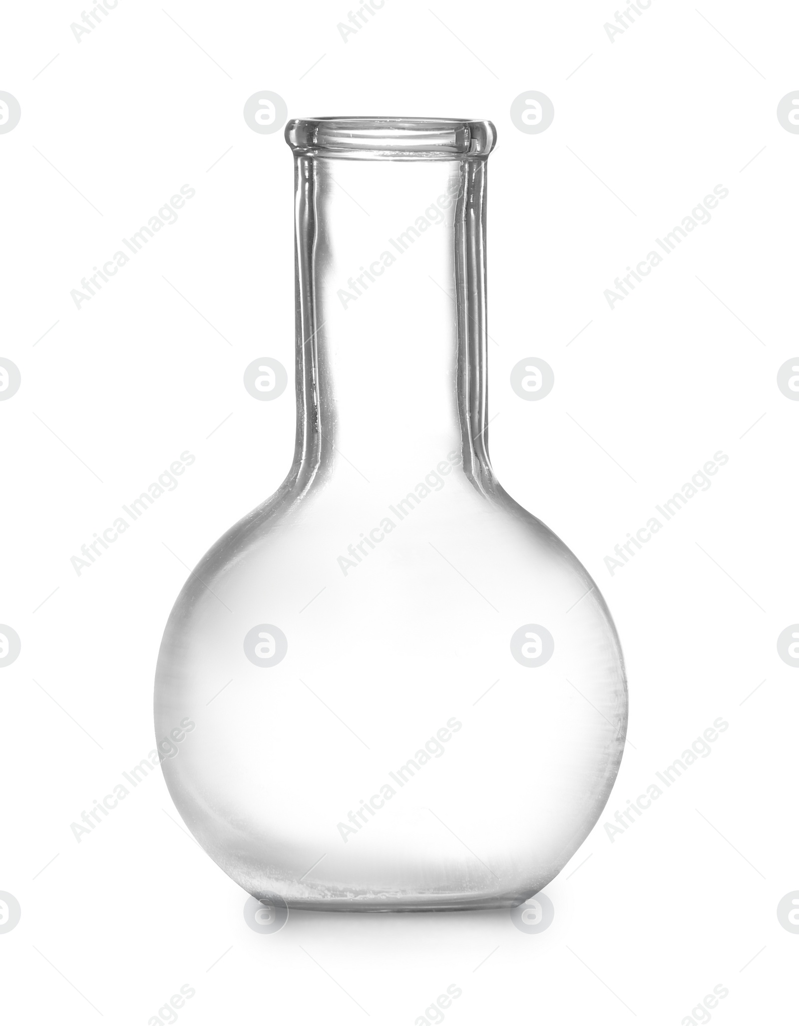 Photo of Empty Florence flask on white background. Chemistry glassware