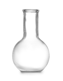 Photo of Empty Florence flask on white background. Chemistry glassware