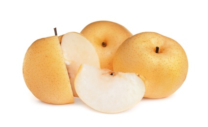 Photo of Cut and whole fresh apple pears on white background