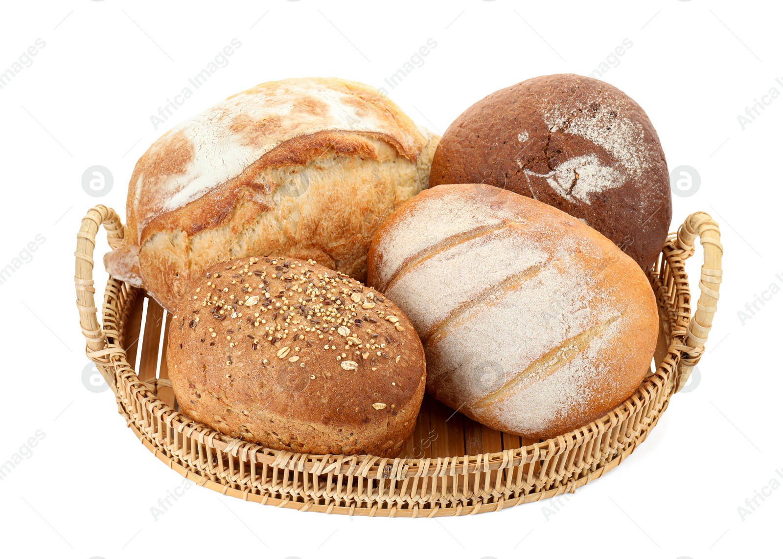 Photo of Wicker basket with different types of fresh bread isolated on white