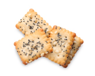 Photo of Delicious crispy crackers with poppy and sesame seeds isolated on white, top view