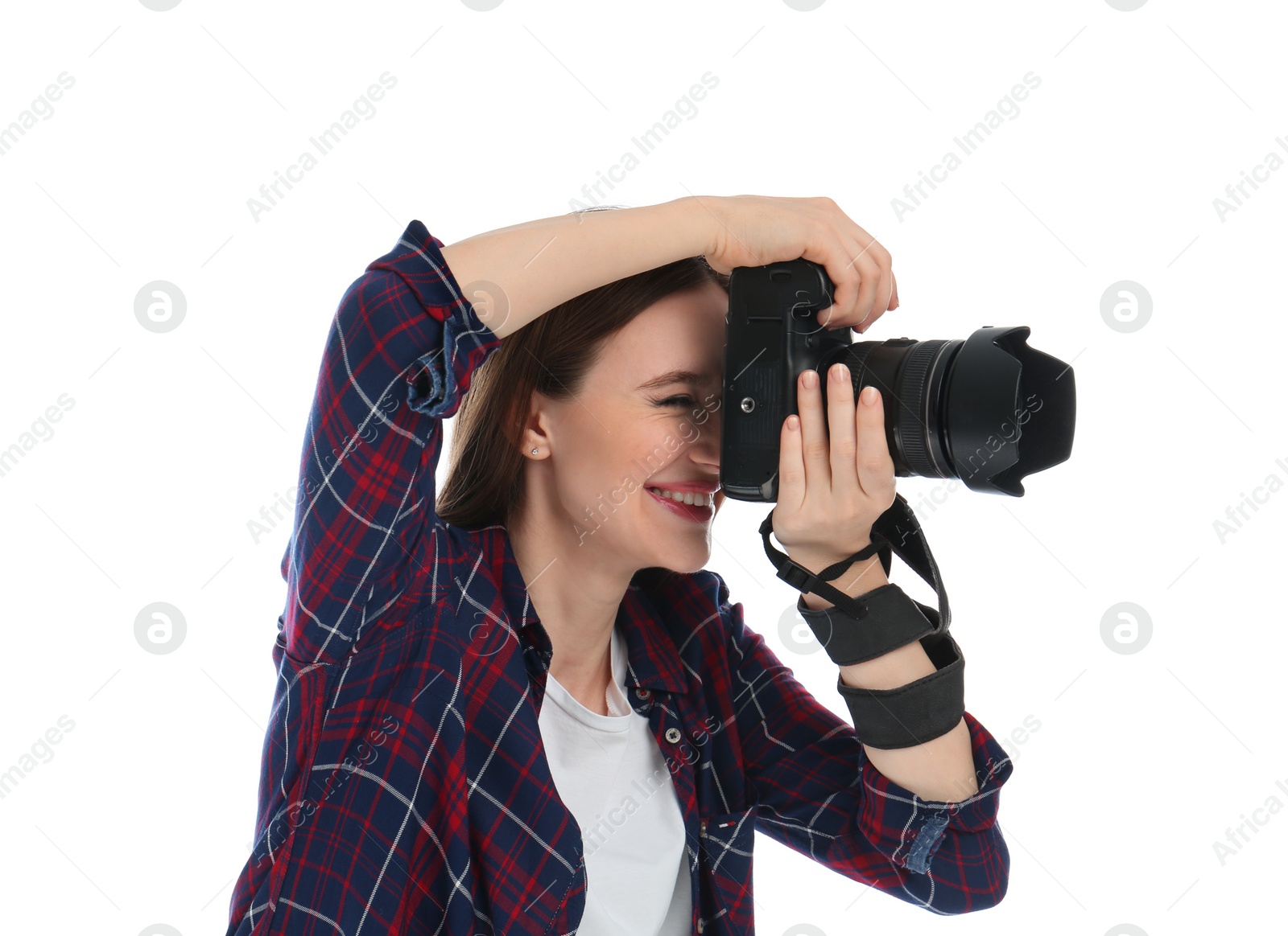 Photo of Professional photographer taking picture on white background