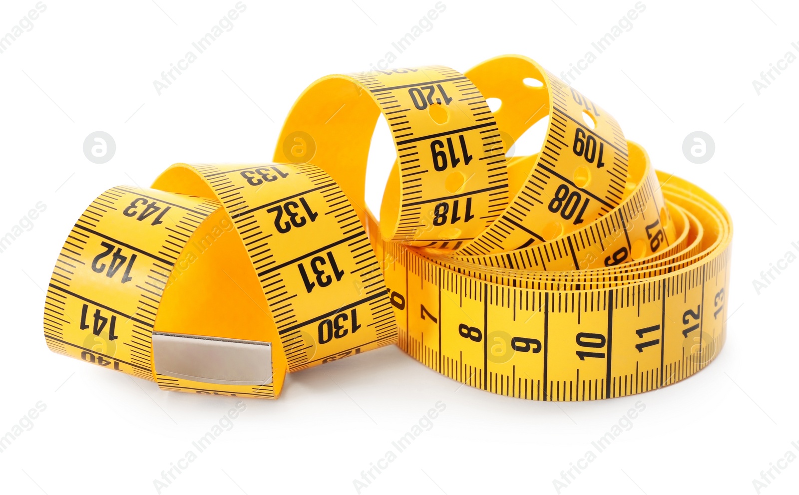 Photo of Long yellow measuring tape isolated on white