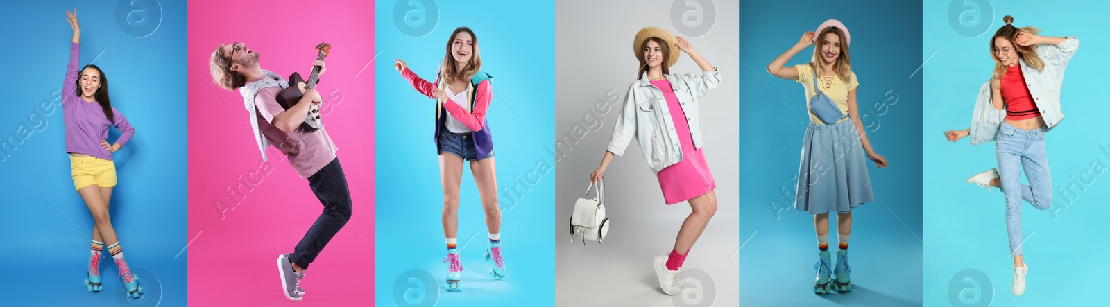 Image of Collage with photos of people wearing trendy clothes on different color backgrounds