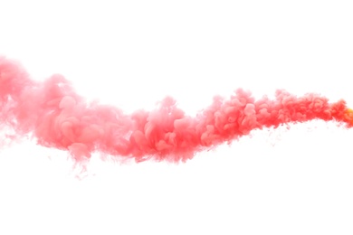 Photo of Woman with color smoke bomb on white background, closeup