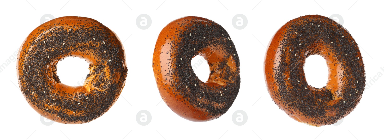 Image of Set with tasty fresh bagels on white background. Banner design