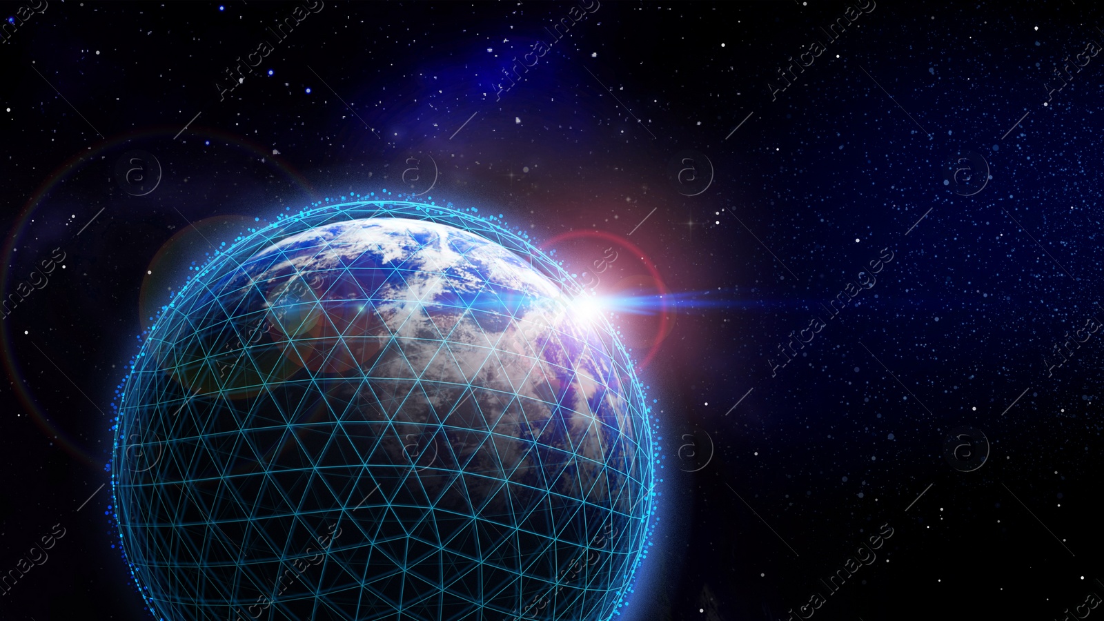 Image of Global network connection. Earth in open space and digital web, illustration