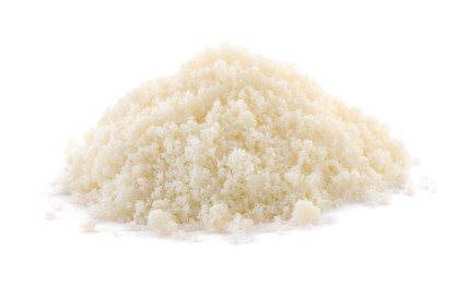 Photo of Pile of grated parmesan cheese isolated on white