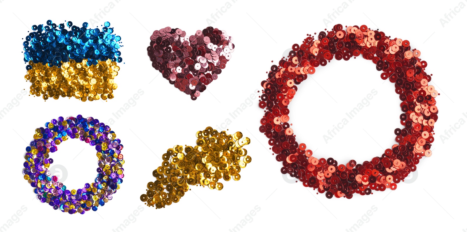 Image of Collage of shiny sequins in different colors and shapes on white background, top view